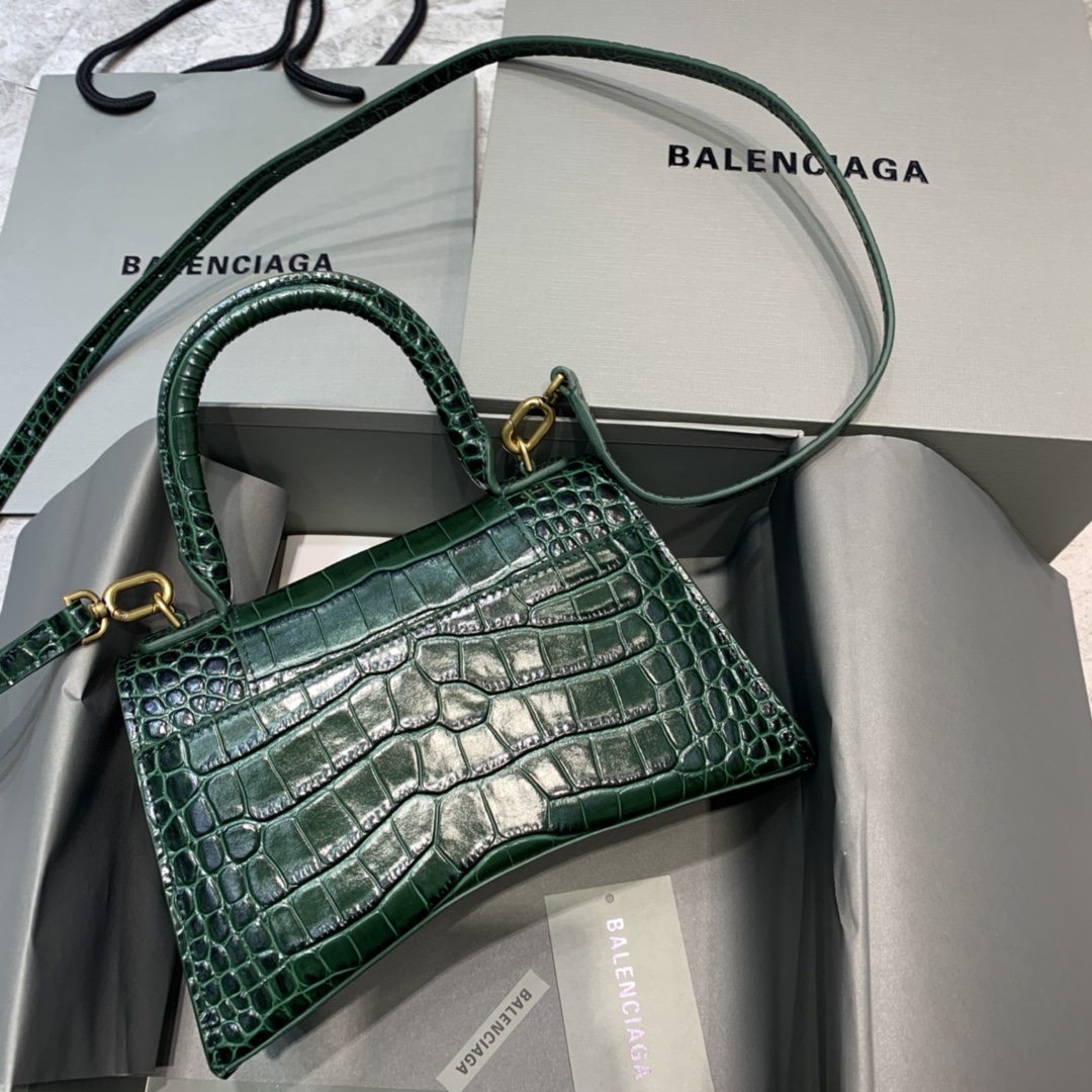 Balenciaga Hourglass Small Handbag Crocodile Embossed Shoulder Bag Dark Green